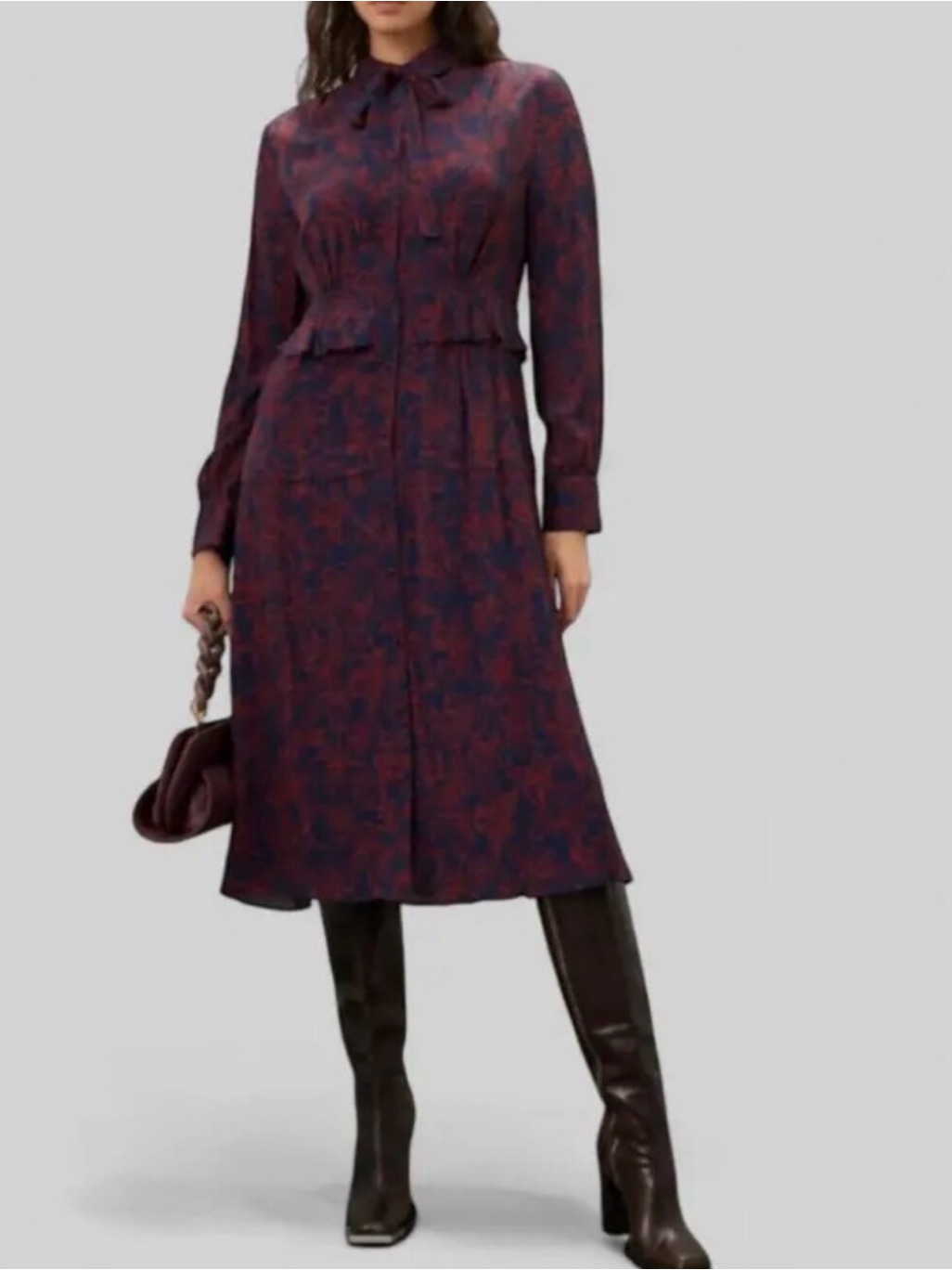 Jason Wu Long-Sleeve Floral Tie-Neck Midi Dress In Burgundy And Navy